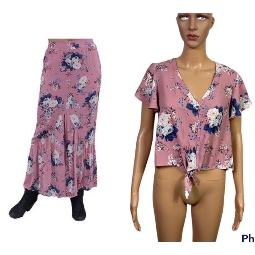 Love, Fire Pink Floral Print Tie Front Top Maxi Skirt Matching Set M